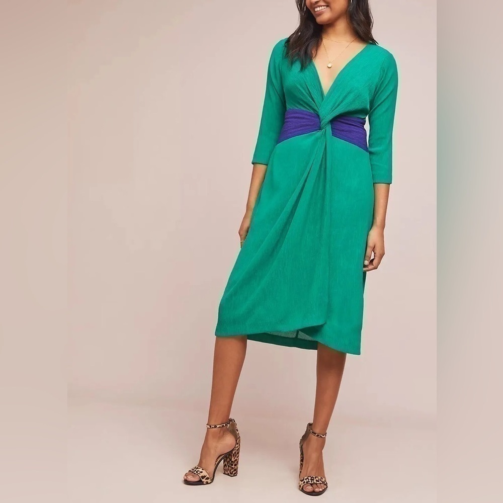 Moulinette Soeurs Anthropologie Sorley Green Blue Twist Front Textured Midi | 6